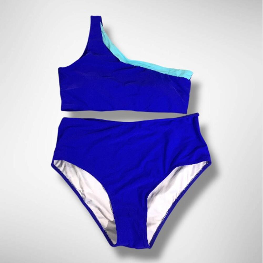 NWOT MOOSLOVER Two Piece Cutout One Shoulder High Waisted Swimsuit, L (12-14)